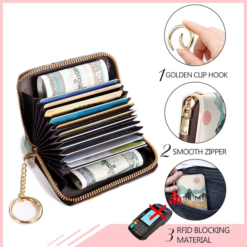 Blusabaca RFID Credit Card Holder Wallets for Women, Sunset Sunrise Mountain Small Card Case Wallet with Keychain and Zipper, Leather Card Holder Pocket Business Card Accordion Wallet - Image 5